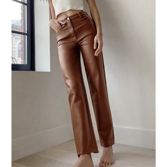 Aritzia Wilfred The Melina Vegan Leather Pants 4 Cognac Brown Preppy Office